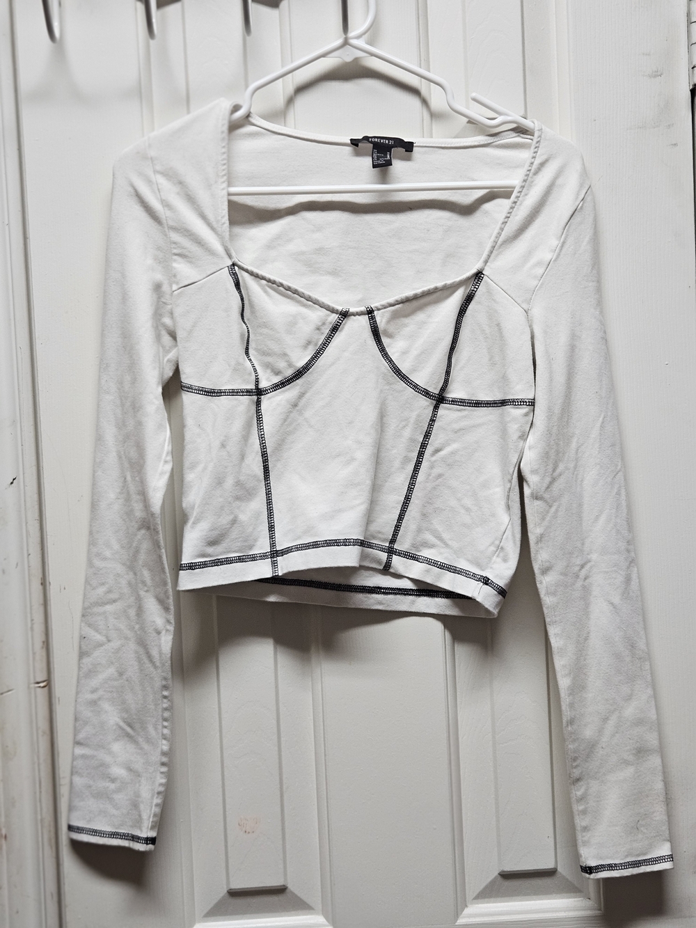 Forever 21 White Long Sleeve Corset-Stitch Crop Top Sz. MED